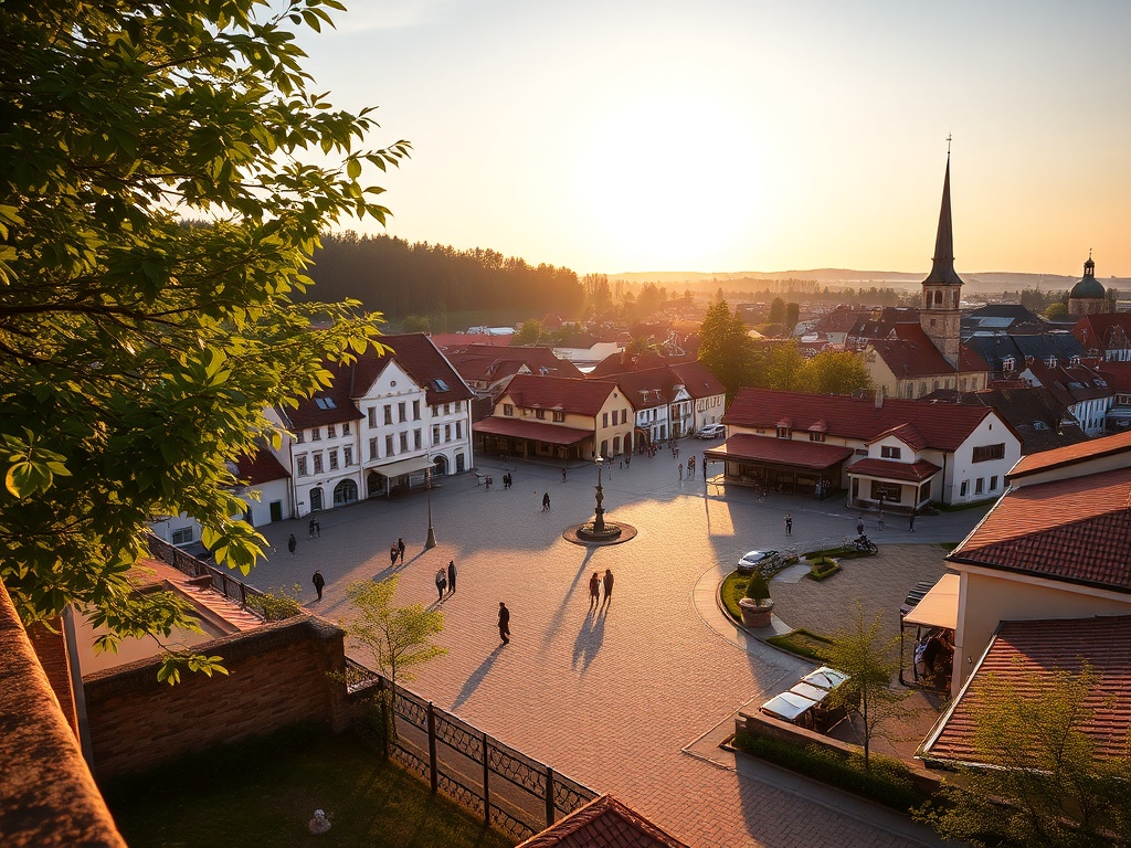Malowniczy krajobraz Parku Gródek w Jaworznie z turkusową wodą i zielonymi wzgórzami.